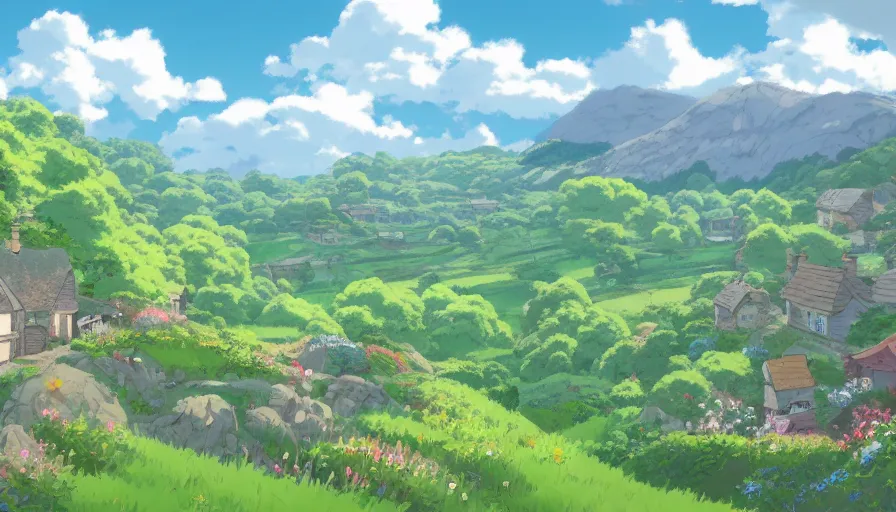 Image similar to A beautiful Yorkshire countryside in the style of Studio Ghibli, illustrated by Kazuo Oga, Hayao Miyazaki, trending on artstation, HD, 4K