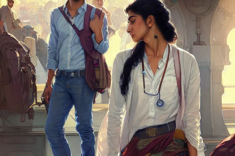 Image similar to Optimistic good looking pale young Indian doctors wearing jeans at the airport, portrait, elegant, intricate, digital painting, artstation, concept art, smooth, sharp focus, illustration, art by artgerm and greg rutkowski and alphonse mucha