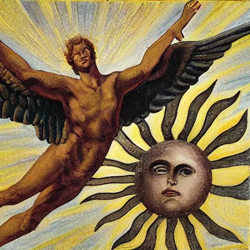 Image similar to icarus and sun, hyperrealistic