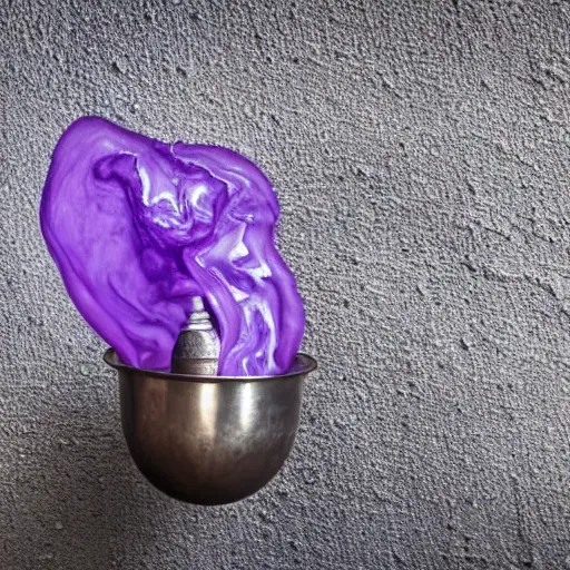 Image similar to photo of purple translucent slime coming out of a silver faucet, brick wall, 50mm, beautiful photo