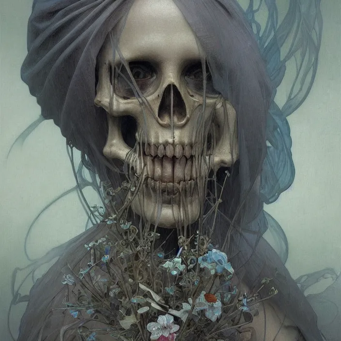 Image similar to A portrait of A Skeleton Nun by Ross Tran!!! and alphonse mucha and greg rutkowski! and Gustave Doré!! and Zdzisław Beksiński!,In style of Impressionism.Symmetry.Highly detailed face.Fantasy,smooth,hyper detailed,sharp focus,Soft light.trending on artstation.oil on canvas