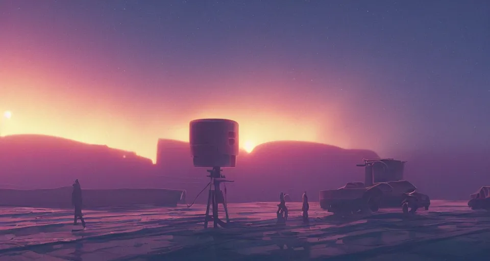 Image similar to A very very very dim Outpost with a sunset, red atmosphere, very hazy, rendered by simon stålenhag, rendered by Beeple, Makoto Shinkai, syd meade, synthwave style, environment concept, digital art, starwars, unreal engine, 3 point perspective, WLOP, trending on artstation, low level, 4K UHD image, octane render,