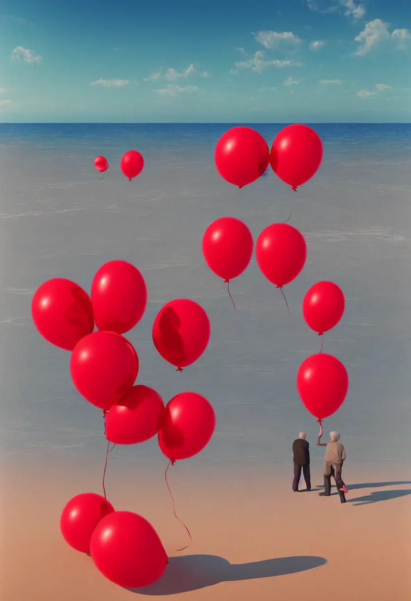 Image similar to lonely old men on the beach, holding red balloons. extremely high fidelity, 8 k, super resolution, cinematic view, super resolution, epic, hyperdetailed, digital painting, artstation, concept art, smooth, sharp focus, octane render, dramatic lighting, art by artgerm and greg rutkowski and alphonse mucha and wlop