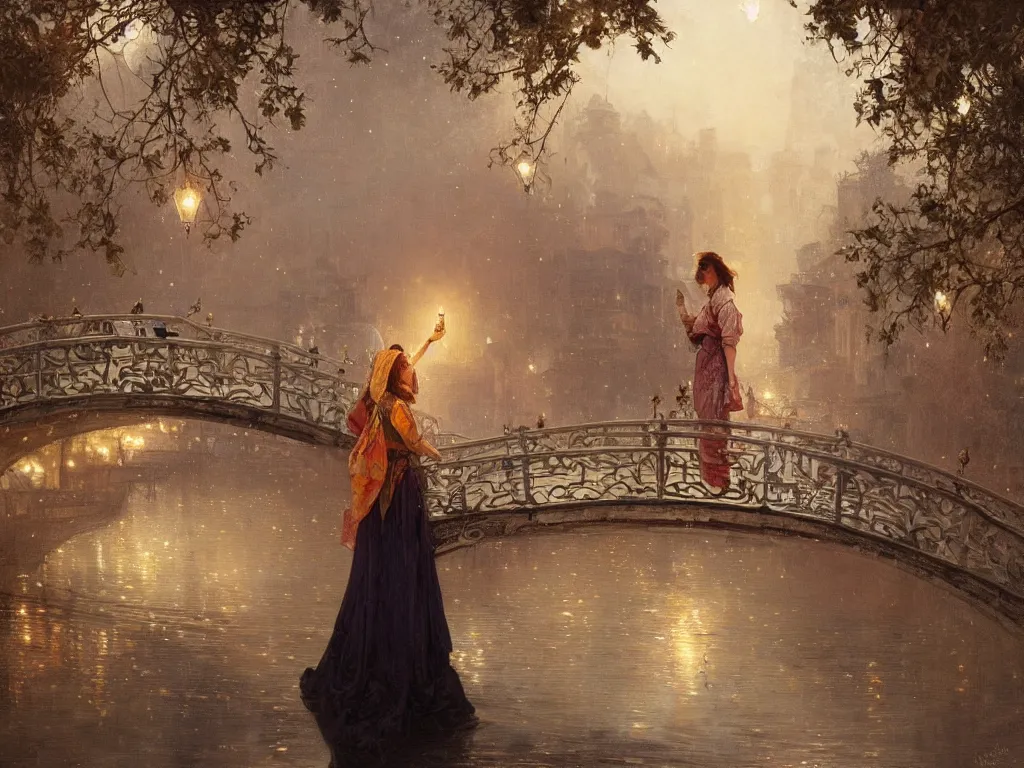 Image similar to a beautiful painting of a girl standing on a bridge, watching the view from the river of the lantern festival in a an ancient italian town, at night with a sky full of stars, intricate, elegant, highly detailed, digital painting, artstation, concept art, by krenz cushart and artem demura and alphonse mucha