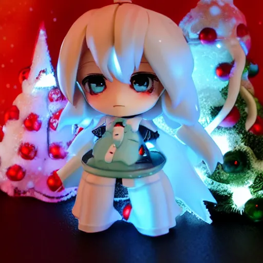 Image similar to snow miku nendroid pvc, christmas lights and snow in the background