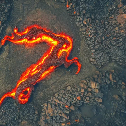 Image similar to candid photograph of a mythological western dragon bathing in lava, cryptid, unexplained phenomena, drone photography, 8k