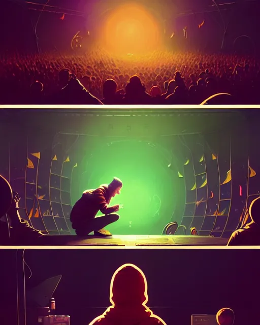 Image similar to tomorrowland, hyper - realistic portrait of a man in a hoodie, on the stage of a music festival, intricate, 4 k, by atey ghailan, by greg rutkowski, by greg tocchini, by james gilleard, by joe fenton, by kaethe butcher, dynamic lighting, lighting color scheme, sharp focus, grunge aesthetic