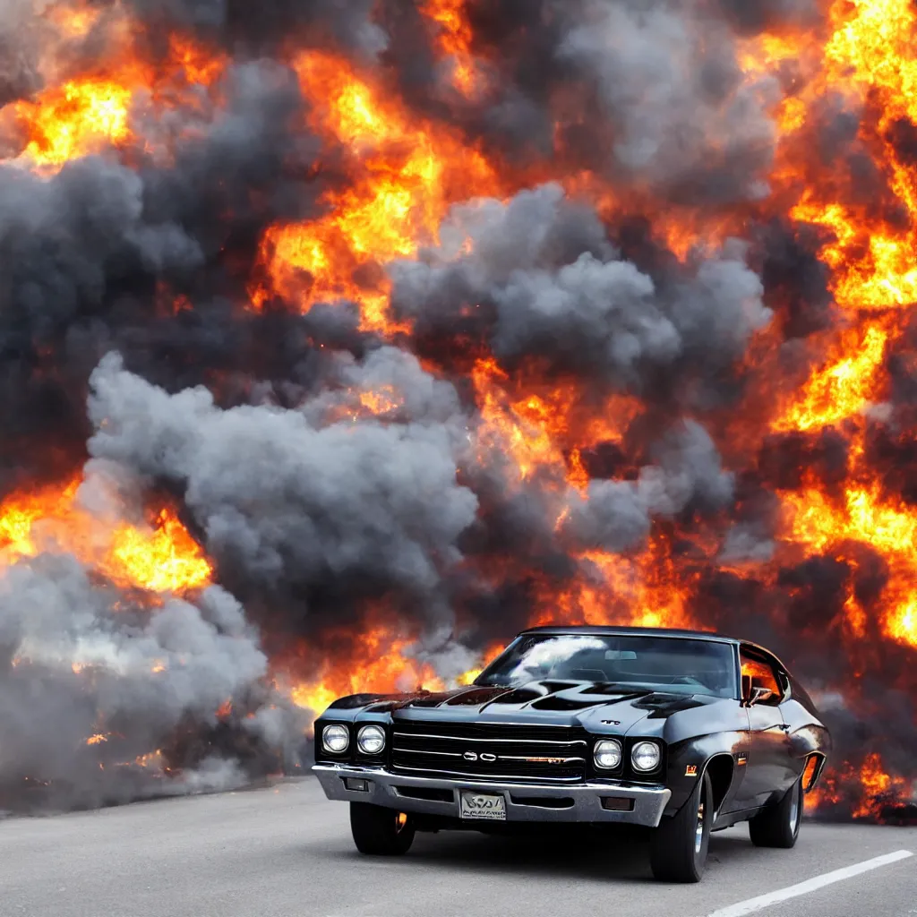 Image similar to a black 1 9 7 0 chevrolet chevelle ss driving i high speed, fire explosion in the background, action scen