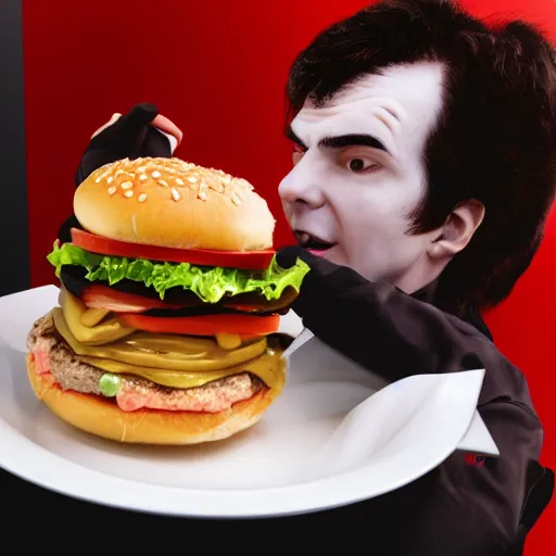 Image similar to Vampire eats a hamburger, 4k Photo