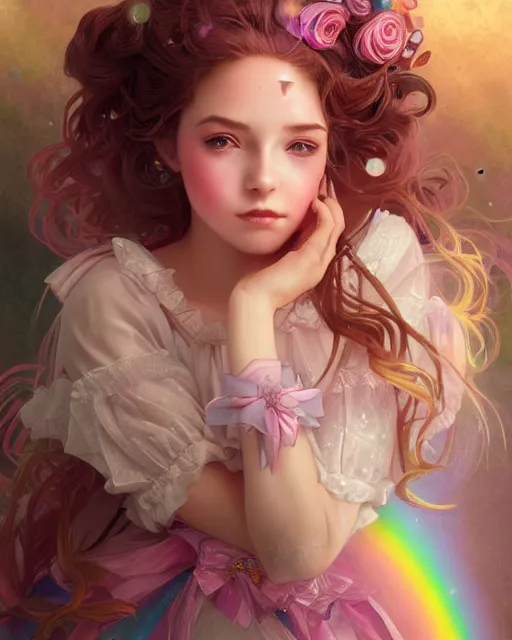 Image similar to portrait of magical lolita girl, dreamy and ethereal, expressive pose, big gold eyes, exciting expression, fantasy, intricate, elegant, many rainbow bubbles, rose tones, highly detailed, digital painting, artstation, concept art, cyberpunk wearing, smooth, sharp focus, illustration, art by artgerm and greg rutkowskiand alphonse mucha