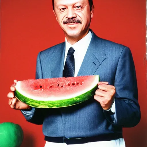 Image similar to recep tayyip erdogan smiling holding watermelon for a 1 9 9 0 s sitcom tv show, studio photograph, portrait c 1 2. 0