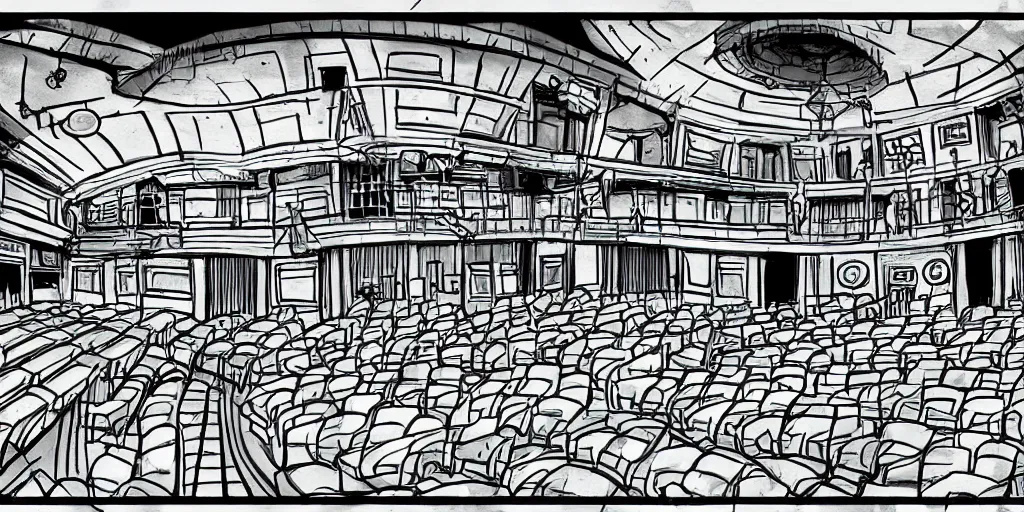 Image similar to a dimly lit, theater hall, 3 doors, 1 staircase, day of the tentacle style, drawn by Peter Chan, fish eye