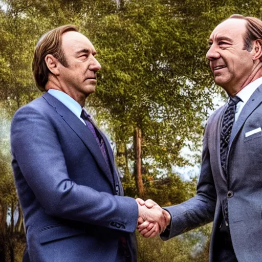 Prompt: Saul Goodman shaking hands with Kevin Spacey, HDR, 4k, Highly Detailed, Sharp focus
