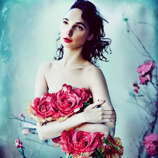 Image similar to full body fine art photo of the beauty gal gadot, she is merging from roses, taken by oleg oprisco