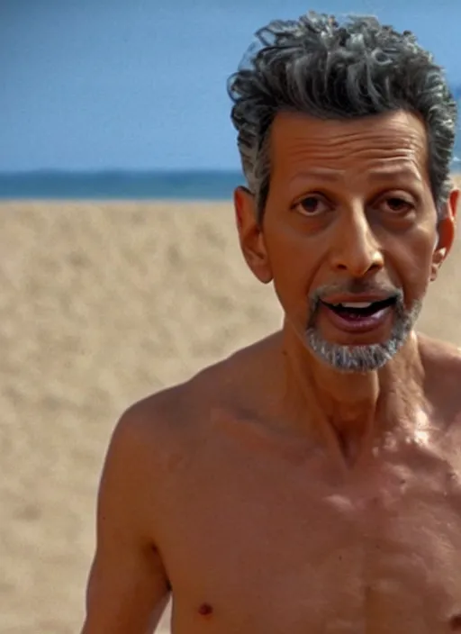 Image similar to jeff goldblum half man half banana on the sand of a beach