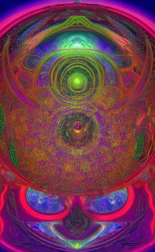 Image similar to visionary eye sacred geometry of a mandelbulb eco - system in a nebula of neon psychedelic colors with precise details, perfect symmetry, dmt 5 th dimension, vivid colors, neon colors, by alphonse mucha and gustave dore, unreal engine 8 k hdr psychedelic photorealism