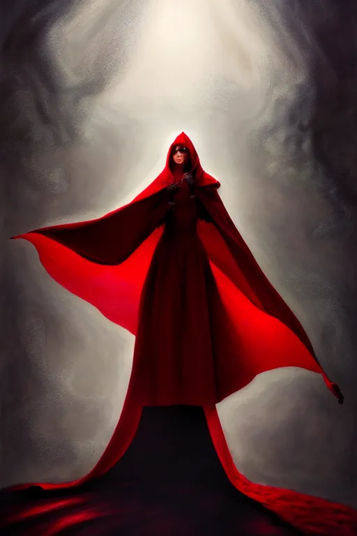 Image similar to hyperrealistic mixed media painting of beautiful Red Riding Hood, pale skin, full body, crimson robe, shadowy wolf figure looming overhead in background, stunning 3d render inspired art by P. Craig Russell and Barry Windsor-Smith + perfect facial symmetry + dim volumetric lighting, 8k octane beautifully detailed render, post-processing, extremely hyperdetailed, intricate, epic composition, grim yet sparkling atmosphere, cinematic lighting + masterpiece, trending on artstation, very very detailed, masterpiece, stunning