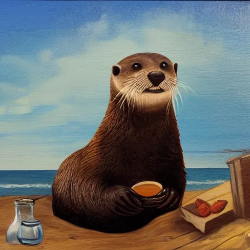 Image similar to An otter dressed as a pirate sitting on a beach drinking rum, oil on canvas painting