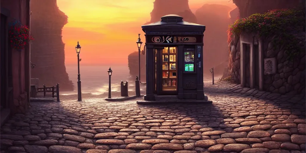 Image similar to epic professional digital art of a lonely cobblestone street with a kiosk on a cliff over the sea at sunset, best on artstation, cgsociety, wlop, Behance, pixiv, astonishing, impressive, outstanding, epic, cinematic, stunning, marketing design, gorgeous, much detail, much wow, masterpiece.