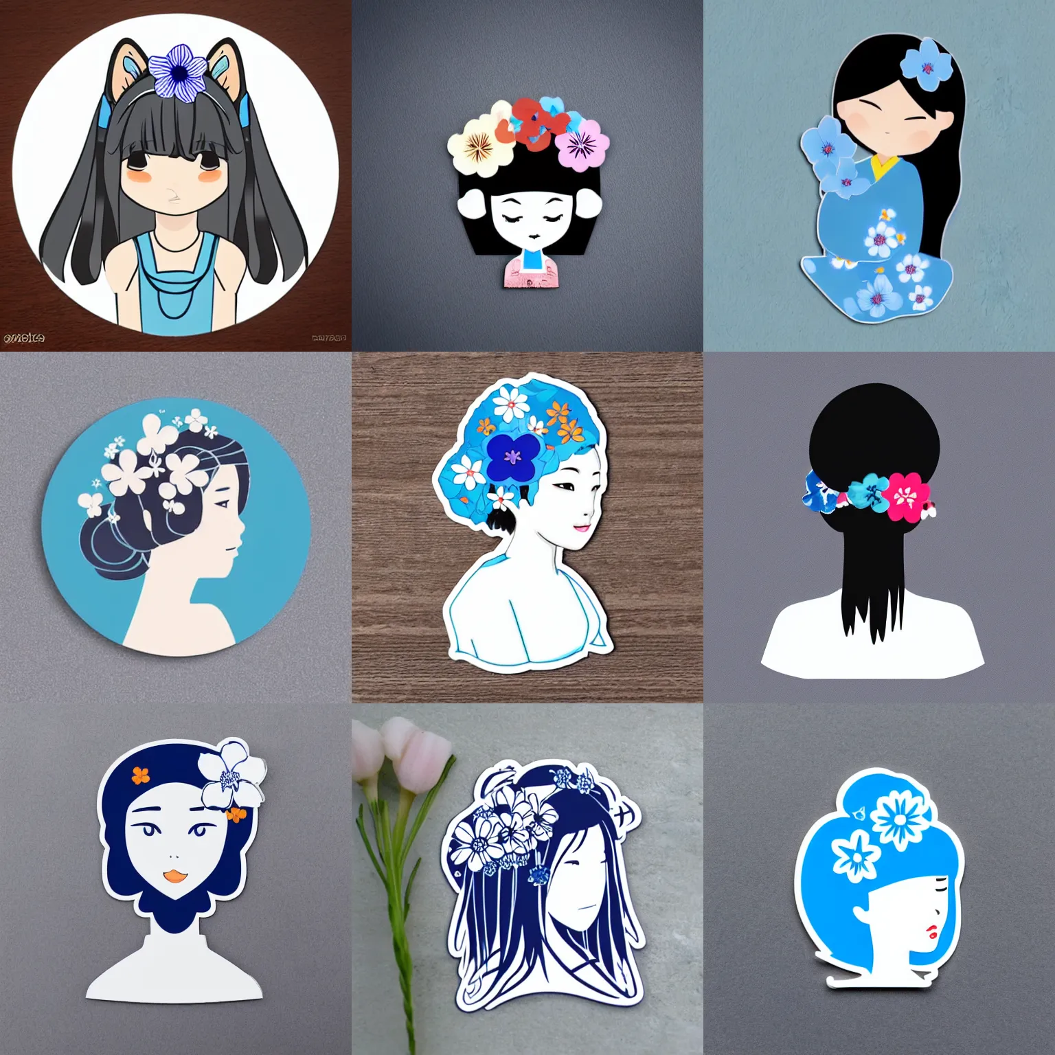 Prompt: catroon die cut sticker of cute japaneese woman with blue flower in her hair with white border on gray background