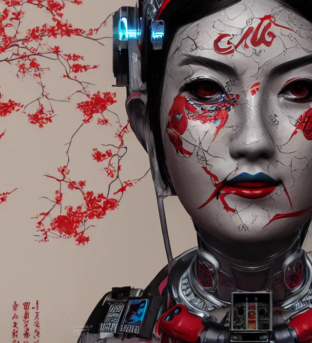 Image similar to an epic fantastic realism comic book style portrait painting of a japanese robotic geisha with kanji tattoos and decals, apex legends, octane render, intricate detail, 4 k hd, unreal engine 5