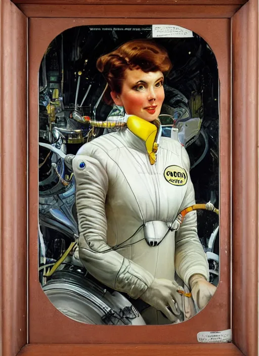 Image similar to a copic maker art nouveau portrait of gretchen ross on a futuristic latex puffy pilot suit by john berkey norman rockwell