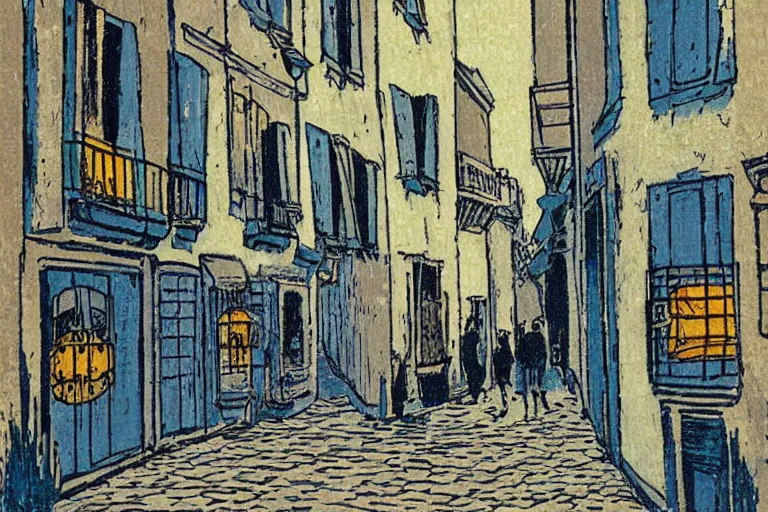 Prompt: parisian alley along canal colour woodblock detailed fine quality print