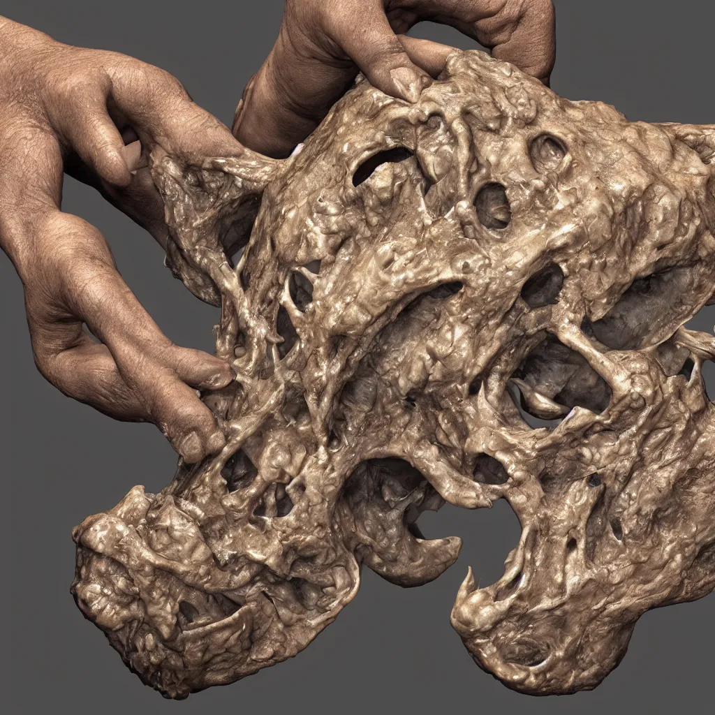 Image similar to scientist hands holding the fossilized remains of a dragon skull. zbrush, extremely detailed