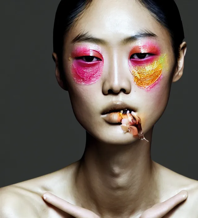 Image similar to photography facial portrait of liu wen, natural background, sensual lighting, natural fragile pose, wearing stunning cloth creation by iris van herpen, with a colorfull makeup. highly detailed, skin grain detail, photography by paolo roversi, nick knight, helmut newton, avedon, araki