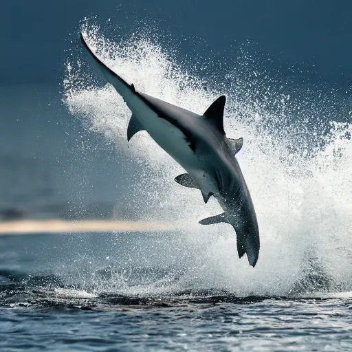 Prompt: action photo of shark jumping from surface of the sea, from nature journal, 1 / 1 0 0 0 sec shutter, action photo, sigma 1 0 5 mm f 2. 8