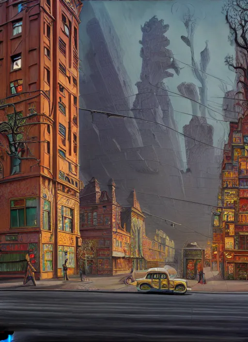 Image similar to hyper detailed 3d render like a Oil painting - going downtown by Jacek Yerka, Mariusz Lewandowski, Houdini algorithmic generative render, Abstract brush strokes, Masterpiece, Edward Hopper and James Gilleard, Zdzislaw Beksinski, Mark Ryden, Wolfgang Lettl, hints of Yayoi Kasuma, octane render, 8k