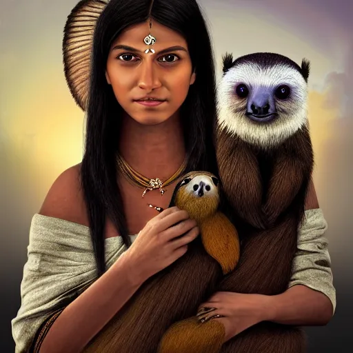 Prompt: a cottagecore beautiful young indian witch holding a cute sloth, highly detailed, masterpiece, digital render
