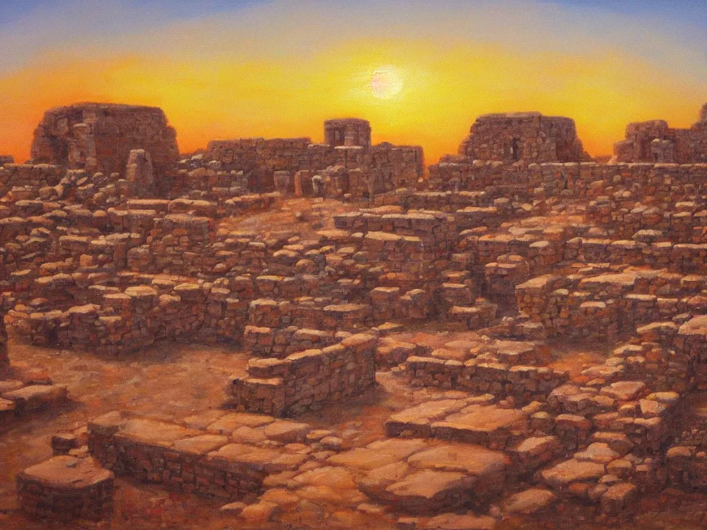 Image similar to trending on artstation, a beautiful Sumerian ruins during sunset, oil on canvas