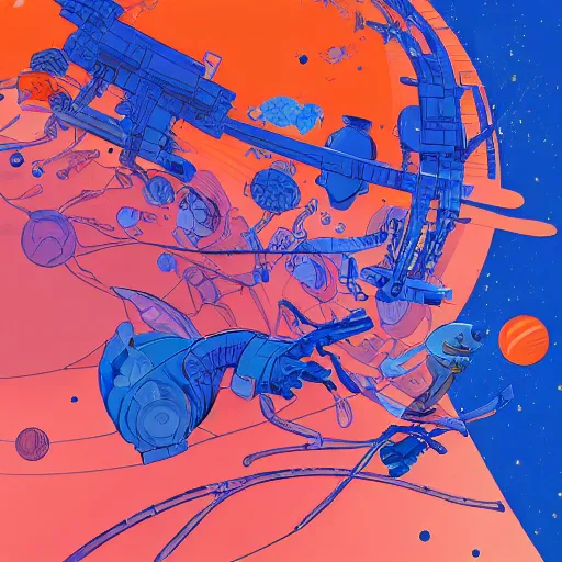 Prompt: Liminal space in outer space by Josan Gonzalez, orange and blue color scheme