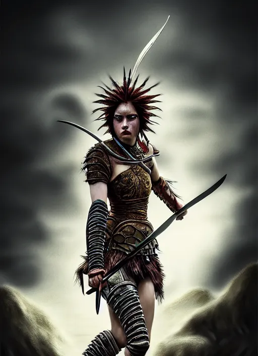 Image similar to a fierce young warrior woman moments before battle, diffuse lighting, fantasy, intricate, elegant, highly detailed, archillect, lifelike, Rebel, photorealistic, digital painting, artstation, punks, illustration, concept art, smooth, kinemacolor, sharp focus, artgerm, by John Collier and Albert Aublet and Leonardo da vinci and Krenz Cushart and Artem Demura and Alphonse Mucha