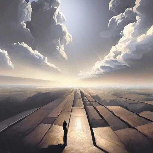 Prompt: Masterpiece Art by world famous artist demo of immense grandeur clouds in three point perspective. three point perspective. three point perspective. Matte painting. Oil on canvas. Digital art. Fantastic intriguing mysterious lighting. Glorious. Trending on artstation.