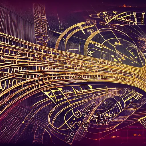 Image similar to hieroglyphic futuristic graffiti representing music score, intricate, complex, shiny, <gold>, high quality, high detail, artstation, 4k resolution