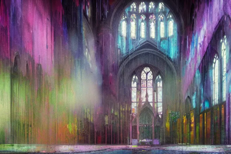 Prompt: abandoned 9 0 s cathedral interior with large organic circular windows, rain like a dream, oil painting, cinematic, dramatic, volumetric lighting, cyberpunk, basquiat + francis bacon + gustav klimt + beeple, elevated street art, fantasy lut, textural, pink, blue, purple, green,