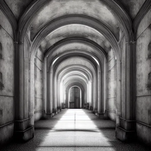 Image similar to a long shadowy asylum hallway, arched ceiling, one point perspective, vanishing point, symmetrical composition, rich colors, dramatic lighting, by lee madgwick, photorealistic, v - ray render 8 k uhd