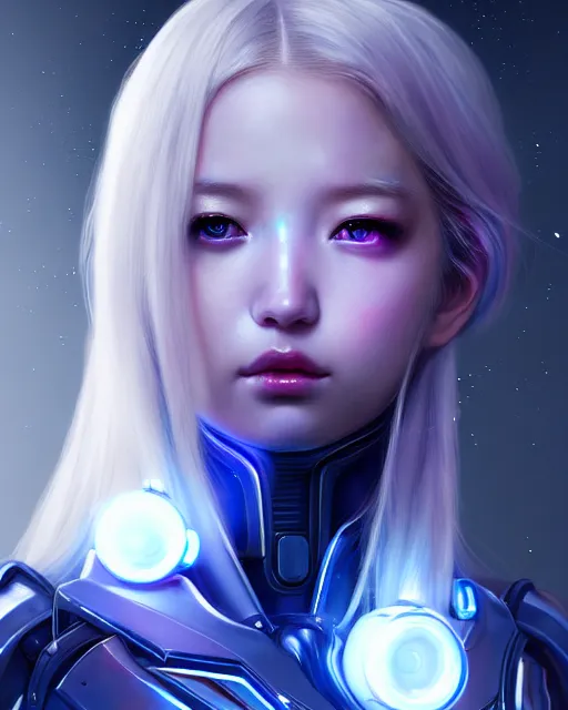 Image similar to perfect android girl family, full body character design, warframe armor, beautiful face, scifi, futuristic, galaxy, nebula, bae suzy, dreamy, long white hair!!!, blue cyborg eyes, sharp focus, cinematic lighting, highly detailed, artstation, divine, by gauthier leblanc, kazuya takahashi, huifeng huang