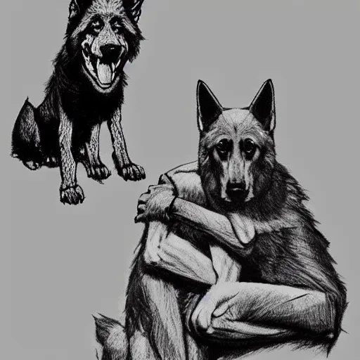 Image similar to two humanoid german shepherds beast - men, sitting on a couch and hugging together, artstation, concept art, smooth, sharp foccus ilustration, artstation