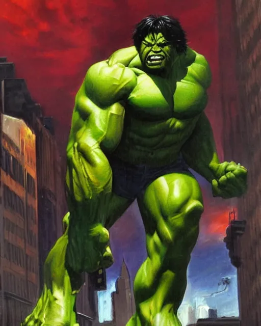 Image similar to a moody oil painting of the incredible hulk looking angry at noon in a city by simone bianchi