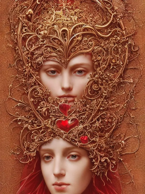 Image similar to a beautiful render of a baroque catholic veiled red queen with symmetry intricate detailed heart sculpture,by LEdmund Leighton, peter gric,aaron horkey,Billelis,trending on pinterest,hyperreal,jewelry,gold,intricate,maximalist,glittering,golden ratio,cinematic lighting