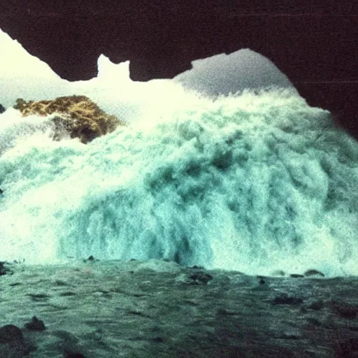 Image similar to a cave with a tsunami coming towards you, creepy, eerie, unsettling, terrifying, jagged rocks, dark, grainy, noisy, slightly blurry, polaroid, deep!!!!!, dark!!!