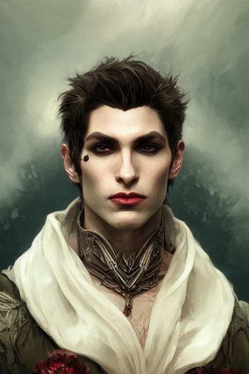 Image similar to up close portrait of a beautiful male vampire, d & d, face, fantasy, intricate, elegant, highly detailed, digital painting, artstation, concept art, smooth, sharp focus, illustration, art by artgerm and greg rutkowski and alphonse mucha