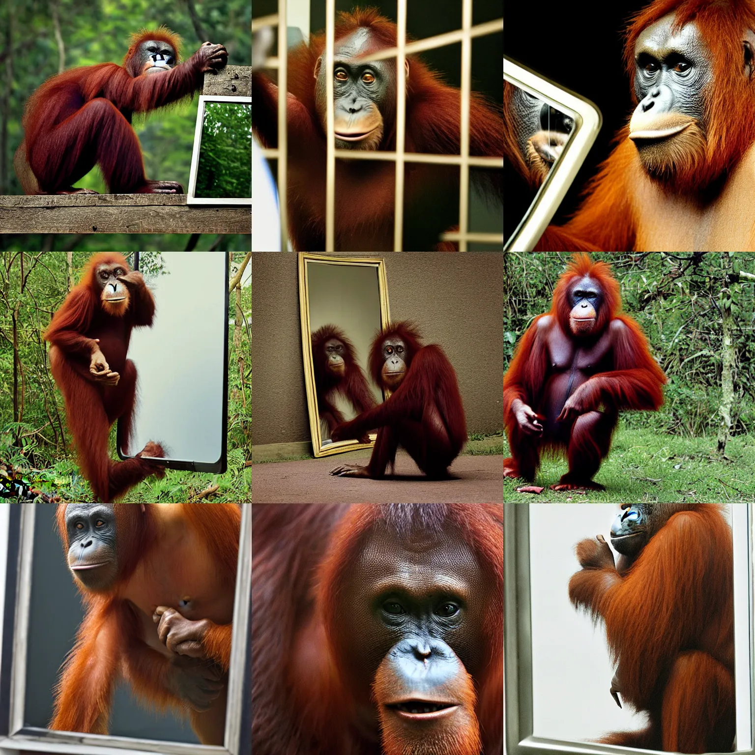 Prompt: photograph by annie leibovitz of orangutan wearing a suit arguing with his mirror