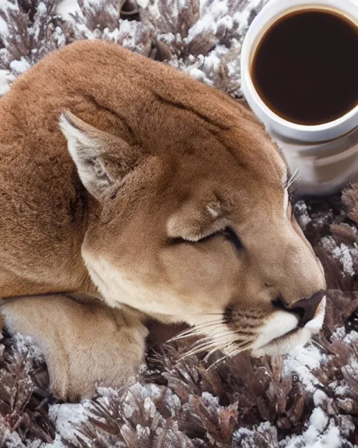 Image similar to hard cover book showing 'a cougar sleeping in the middle of snowy pine tree' laying on coffee table, zoomed out, HD, iphone screenshot