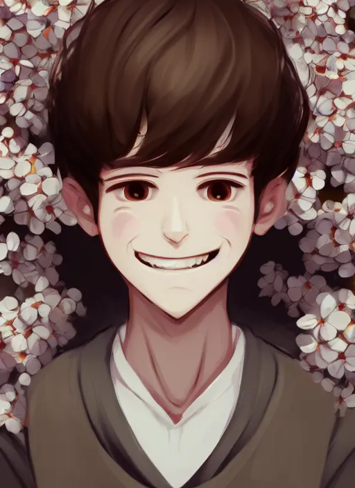 Image similar to white young man with a wide smile, prominent big eyes, round cute lips, round portruding chin, wise forehead, background is covered with brown flowers, sharp, highly detailed, simple lines, digital painting, artstation, concept art, matte, sharp focus, illustration, anime moe artstyle