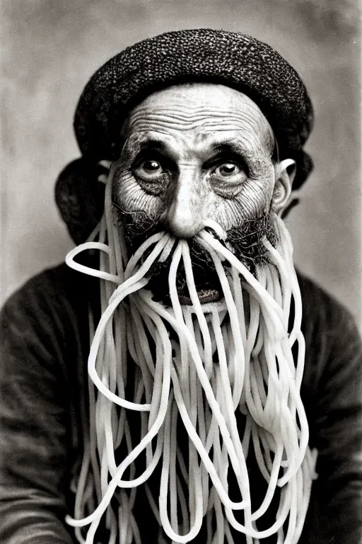 Prompt: extremely detailed portrait of old italian cook, spaghetti mustache, slurping spaghetti, spaghetti in the nostrils, spaghetti hair, spaghetti beard, huge surprised eyes, shocked expression, scarf made from spaghetti, full frame, award winning photo by james van der zee