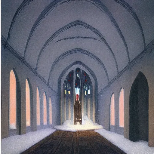 Prompt: large goat horns inside a church, snow falling, large glowing cross, painted by Quint Buchholz and Carl Gustav Carus